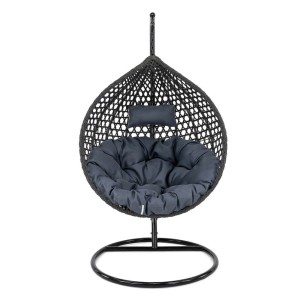 Fotel wiszący ogrodowy PREMIUM Czarny technorattan, poduszki szare