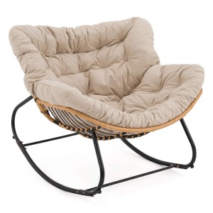 Ogrodowy fotel bujany technorattan boho poduszki beżowe