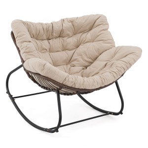 Ogrodowy fotel bujany technorattan brąz poduszki beżowe