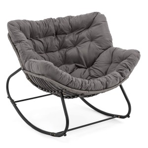 Ogrodowy fotel bujany technorattan SZARY poduszki szare