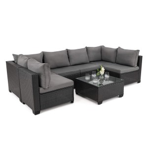 Zestaw mebli ogrodowych ALVANI dla 6 osób, czarny, technorattan, poduszki szare 01