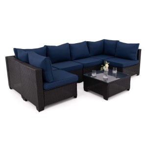 Zestaw mebli ogrodowych ALVANI HK dla 6 osób, czarny, technorattan, poduszki navy blue