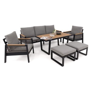 Zestaw mebli ogrodowych z aluminium SYCYLIA czarny + imitacja drewna, szare poduszki