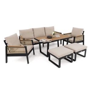 Zestaw mebli ogrodowych z aluminium SYCYLIA czarny + imitacja drewna, beżowe poduszki