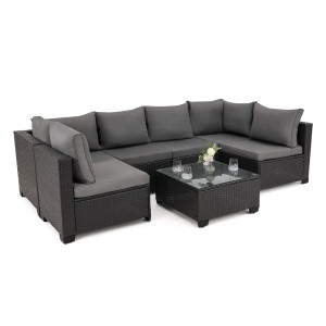 Zestaw mebli ogrodowych ALVANI dla 6 osób, czarny, technorattan, poduszki szare 02