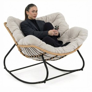 Ogrodowy fotel bujany technorattan BOHO poduszki jasny beż