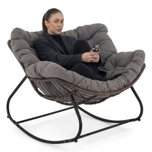 Ogrodowy fotel bujany technorattan Brązowy poduszki szare