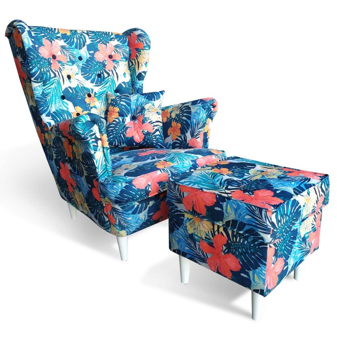 Fotel Uszak z podnóżkiem w kwiaty